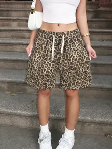 Women's Summer Y2K Leopard Print Adjustable Drawstring Shorts, Fit, Classic Pattern, High Elastic Fabric, Casual Streetwear
