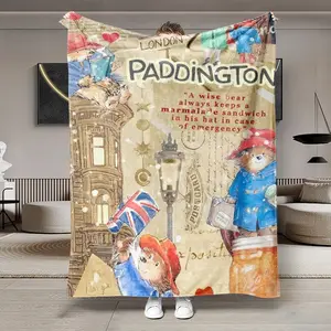 Paddington Bear London Watercolor Patchwork Flannel Blanket, Throw Blanket, Soft Lightweight Warm, Perfect for Bedroom Holiday Decor, All Seasons