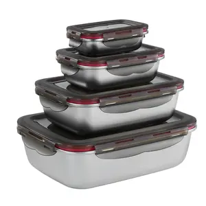 4-Piece Set Stainless Steel Food Storage Containers, Leak-Proof Sealed Lunch Box, Stackable Meal Prep Bins, Kitchen Essentials, Leakproof Container