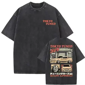 Anime Initial D AE86 Drift Akagi RedSuns Vintage Washed T-Shirt, Takumi Fujiwara R34 Skyline GTR JDM Race Car Oversized Tee