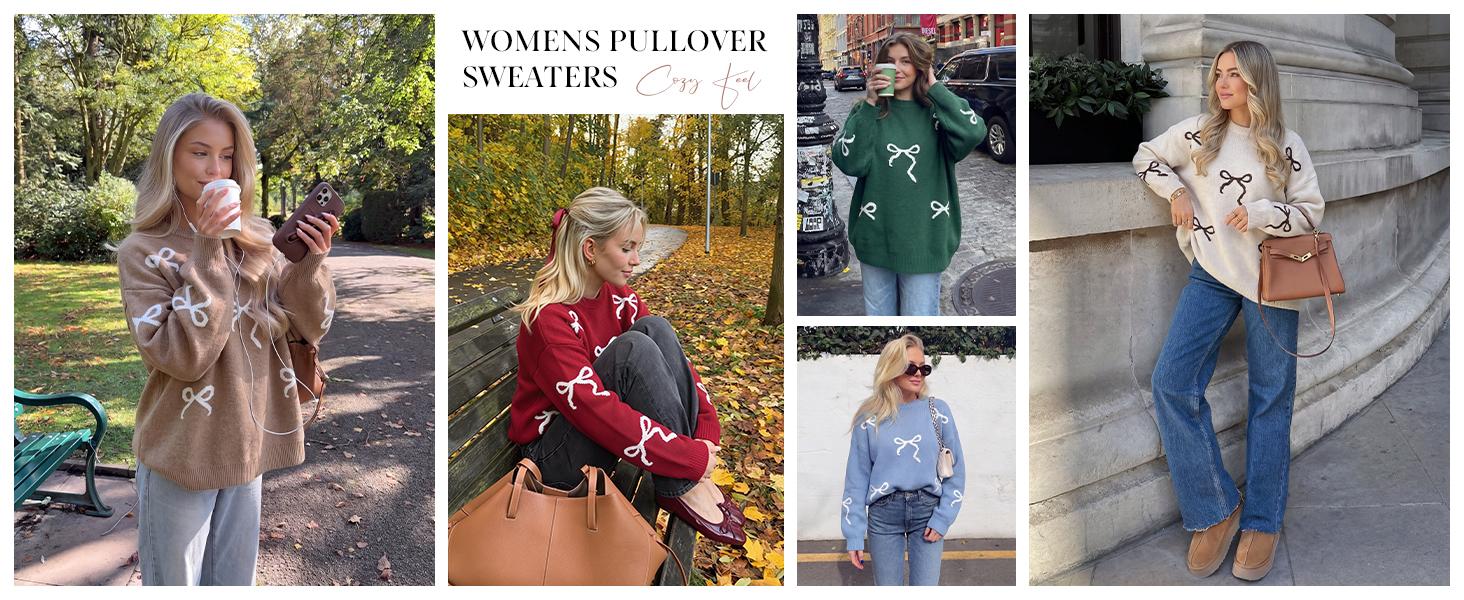 PRETTYGARDEN Fall Long Sleeve Pullover Sweaters for Women Trendy Crewneck Casual Cute Bow Chunky Knit Oversized Sweater