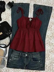 Womens Tie Shoulder Camisole Top, Ruched Elastic Waist Peplum Babydoll Cami, Sleeveless Flowy Tiered Blouse Fit for Casual Summer Streetwear
