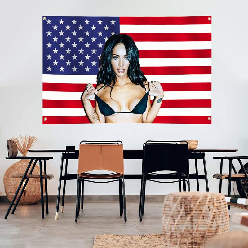 Megan Fox American Flag Tapestry 3*5 Ft for Wall Hanging College Dorm Room Decor, Featuring 4 Brass Grommets, Ideal for Parties