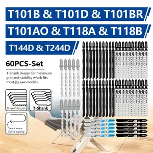 ToolTok DIY 60Pcs T-Shank Jigsaw Blades Assorted Wood Metal Plastic Ceramic Cutter Quick Curved Saw Universal Fit Home Reno Dad Gift