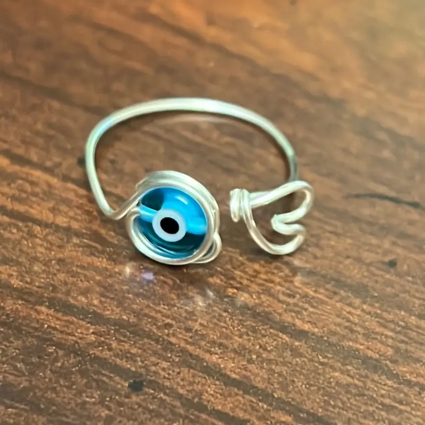 Wire Ring Blue Evil Eye Glass Bead with Heart