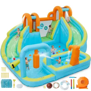 Inflatable Bounce House 15.9x14 FT with Slide & Splash Pool, 10-in-1 Kids Jump Castle with 550W Blower for Backyard