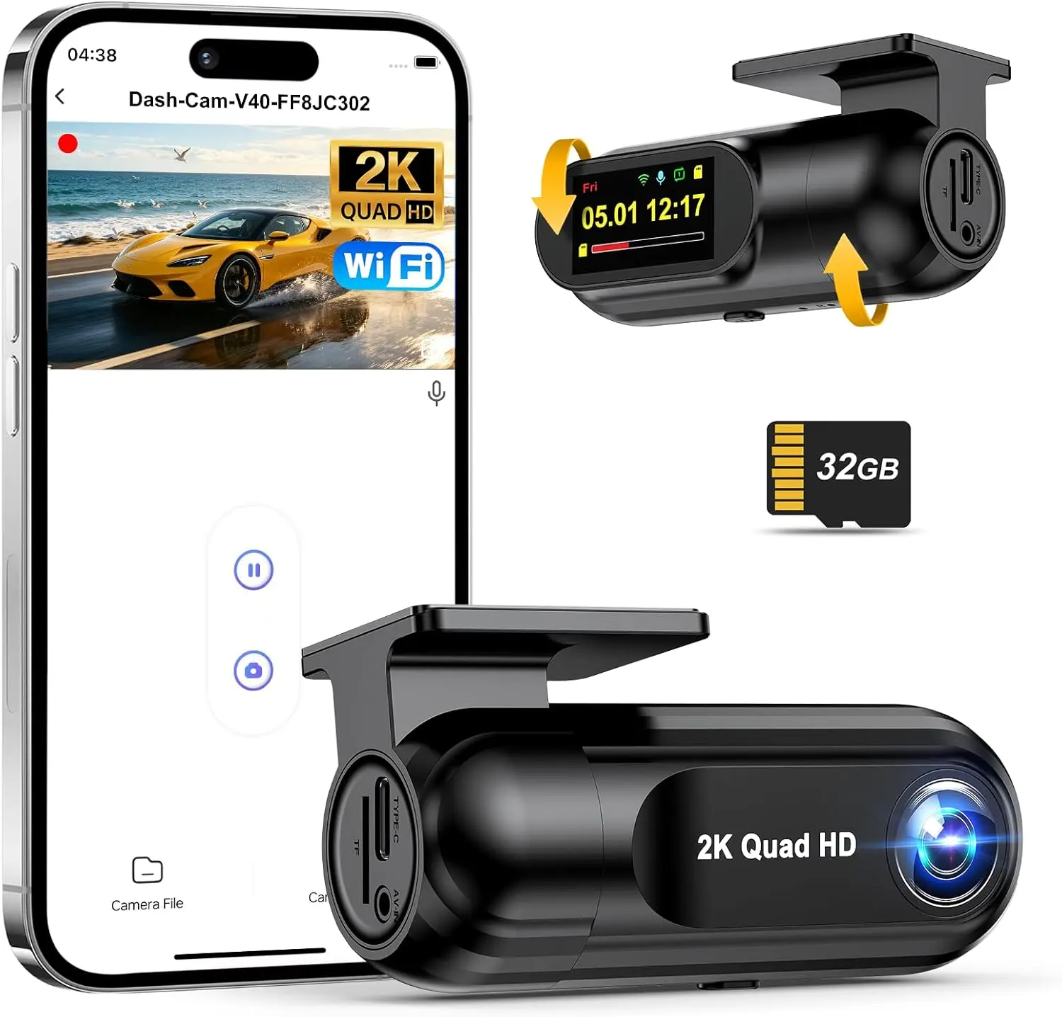 PENEMAY Dash Cam K Car Camera, Mini WiFi Dashcam with GB SD Card Dash Cam Front, Enhanced Night Vision Dashcams for Car, App Controlled Dash Camera with H Parking Mode, GSensor, Loop Recording