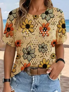 Women's Vintage Cartoon Floral Knit Sweater, Round Neck Short Sleeve, Comfortable Breathable Casual Top, Hollow Design