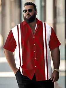 Vertical Striped Cuban Collar Short Sleeve Shirt, Plus Size Loose Fit, Summer Street Fashion, Casual Long Shirt