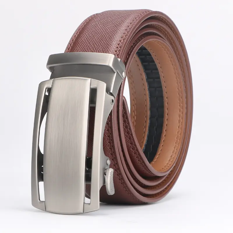Men's Automatic Leather Ratchet Belt - 1-Piece, Brown, 115cm Stylish Casual Belt for Pants Waistbands