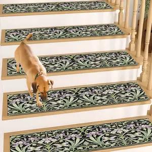 Vintage Iris & Butterfly Floral Diatom Mud Stair Mat, Absorbent Non Slip Carpet Mats for Wood Steps, Quick Drying Moisture Wicking Stair Runners, Anti Slip Washable Rugs for Dogs Kids Elderly