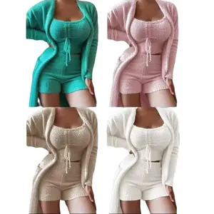 Women'S Plush 3-Piece Lace-Up Pajamas Set Casual Suit Home Clothes Loungewear Nightwear Pajamas