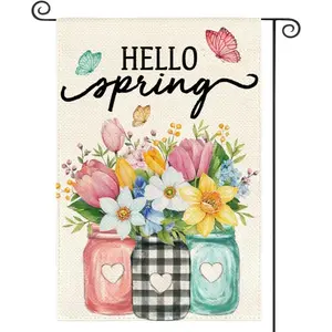 1 Piece Hello Spring Garden Flag 12x18 Inch Double Sided Outside, Floral Mason Jar Holiday Yard Outdoor Decorative Flag