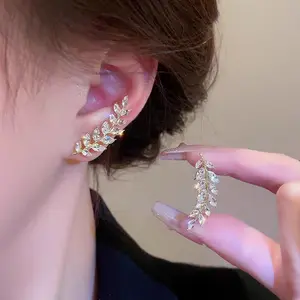 Shiny Full Diamond Leaf Earrings, Exquisite Zircon Light Luxury Wheat Ear Earrings, DDES0146 Fashionable and Elegant, Unique Design, High-end Sense Jewelry, 14K Gold-Plated