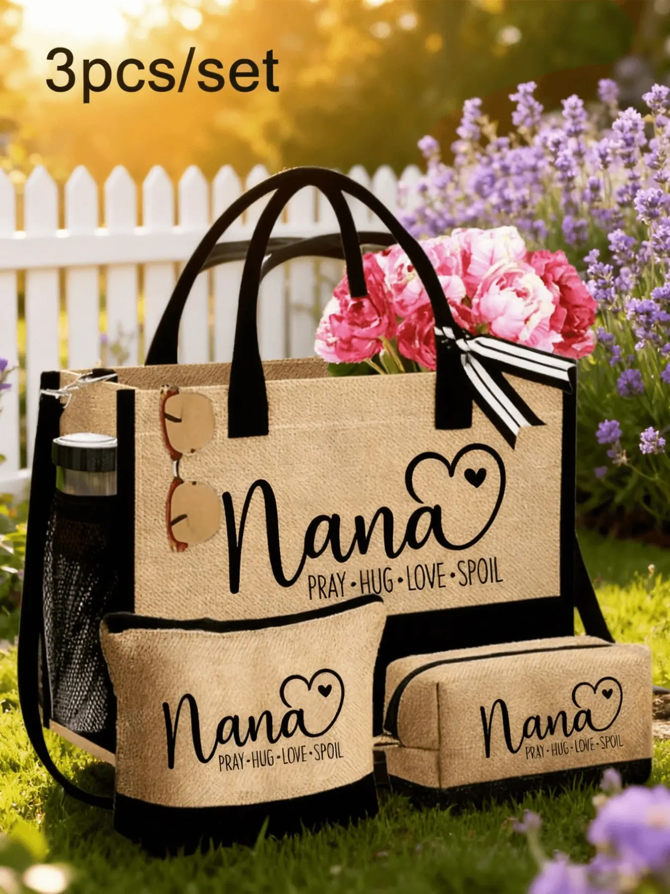 Nana three-piece linen tote bag set, featuring a fashionable Elegant Bag with the 'Nana' letter and heart pattern, women's tote bag set including a small wallet, makeup bag, large-capacity tote, multifunctional shoulder bag, and handbag