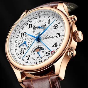 Ailang Men's Automatic Mechanical Watch Multifunctional Calendar Moon Phase Display Waterproof Luxury Tideway Wristwatch with Brown Leather Strap