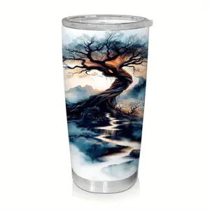 HACOOL SHOP1pc 20oz Mystical Landscape Tumbler with Lid - Enchanting Tree & Mountain Art Travel Coffee Cup, Durable Leak-Proof Design for Office, Camping, Dining - Ideal Easter, Mother’s Day, Birthday Gift, Office Drinkware | Serene Artwork Cup | Easycarr