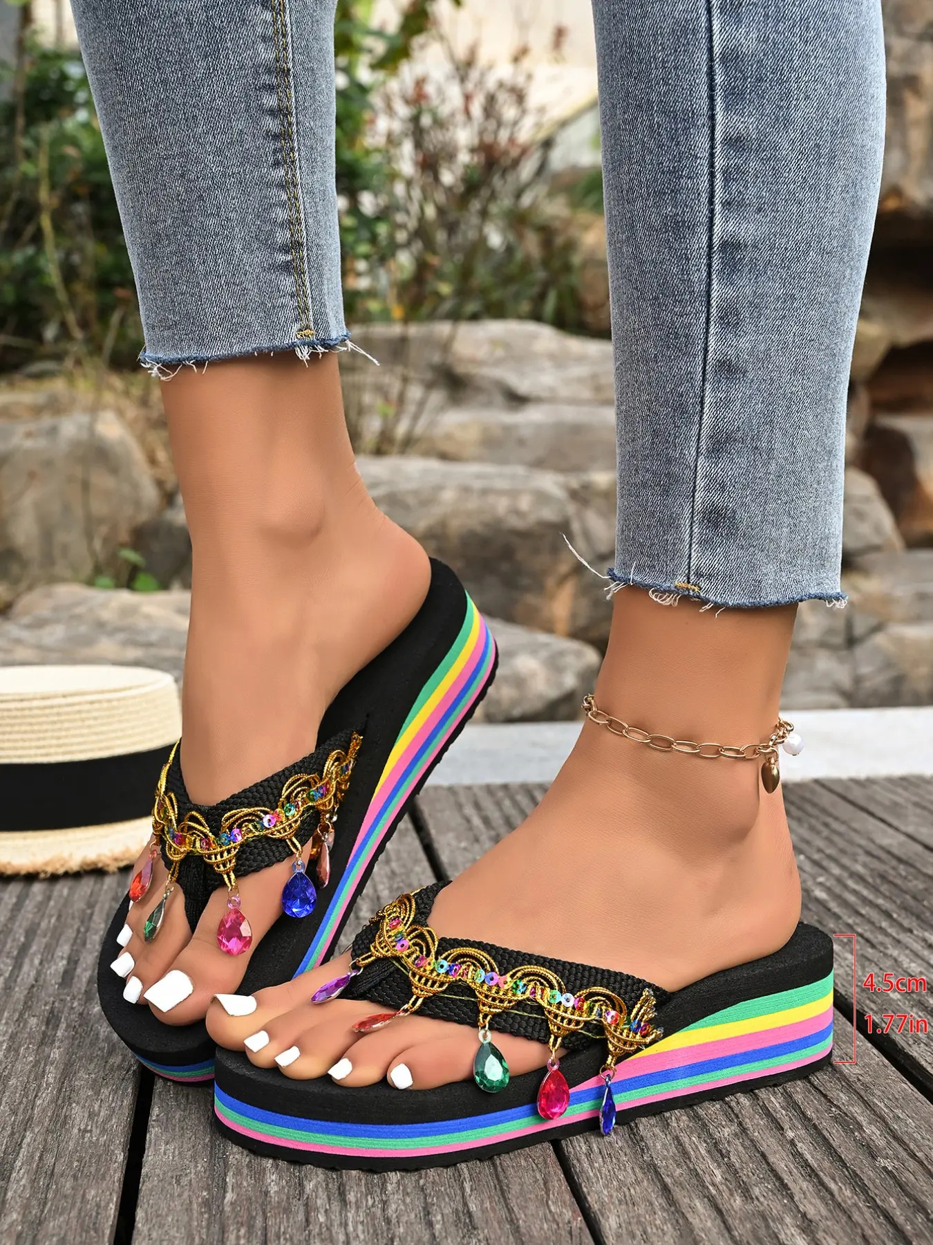 Women's Colorful Rhinestone Rainbow Thick Sole Sandals, Fringe Pendant, Boho Beach Vacation Casual Shoes