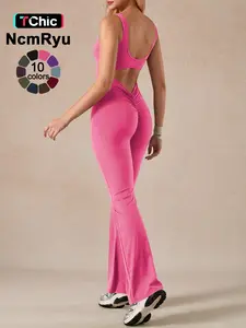 Women Sleeveless Flare Jumpsuits Sexy Backless Tank Tops Bodycon Scrunch Butt Yoga Rompers Seamless Unitard Playsuit Sportswear