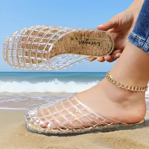Women's Clear Jelly Mesh Sandals Transparent Woven Slippers CS Cork Footbed Comfortable Summer Slides