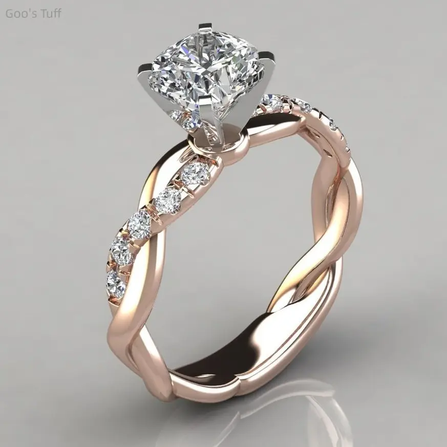 Women's 18K Rose Gold-Plated Princess Cut Square Stone Ring, 2-Tone Engagement Band, Polished European-Style Fashion Costume Jewelry, Proposal Wedding Gift for Ladies