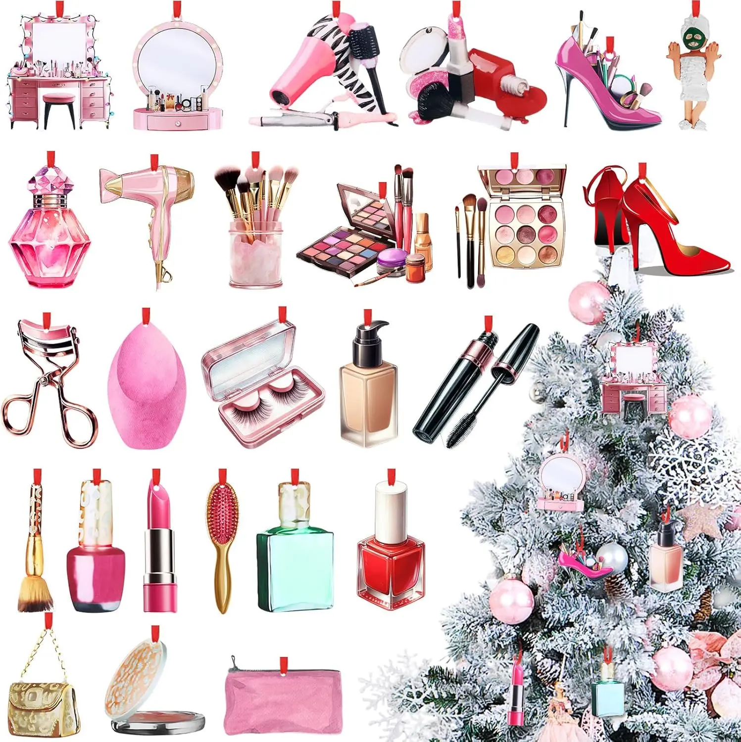 26-Pc Makeup & Beauty Tools Christmas Tree Ornaments Acrylic Double-Sided High Heel Shoe Salon Stylist Gift Set for Women Girls Festive Ornament