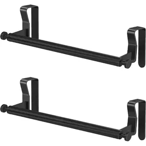 2 Pack Black Over Cabinet Towel Holder, Stainless Steel Over The Cabinet Towel Rack Bars With Hooks for Kitchen Cabinet Doors, Dish Towel Storage Organizer