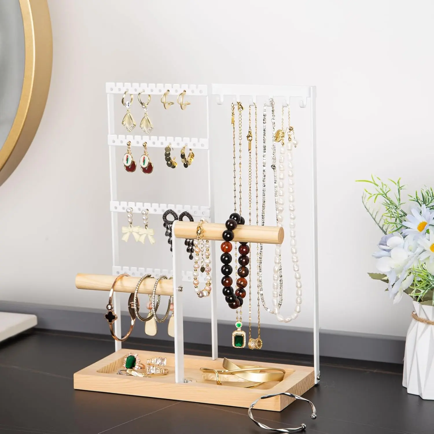 Jewelry Organizer Stand, Jewelry Holder, Lengnoy 4 Tier Earring Holder with 48 Holes and 6 Hooks Necklace Organizer Wood Box for Necklace Bracelet Earring Ring, White Wooden