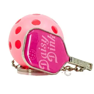 Daisy Pink Double Ring Pickleball Paddle & Ball Keychain - Compact Fun Design for Women Passionate About Pickleball - Thoughtful Gift