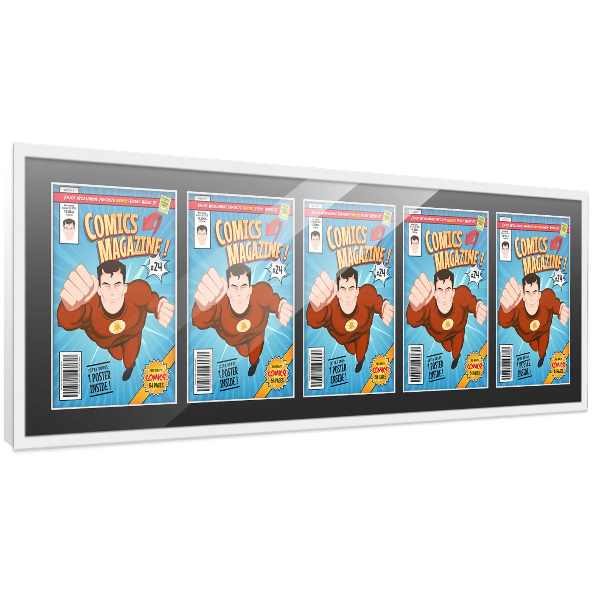 Comic Book Frame with Mat for 5 Silver Age Comics Published Between 1956 and 1970 - White Wood Comic Frame With Black Mat for 7.125x10.5 Comics - 44x14 Frame Size