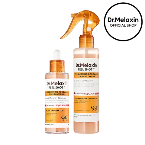 [Dr.Melaxin Official] Peel Shot Kojic Acid Turmeric Duo, 2-Piece | Face Ampoule + Body Spray | Exfoliating Serum & Spray for Dark Spots, Rough Bumpy Skin & Uneven Tone | Korean Skincare