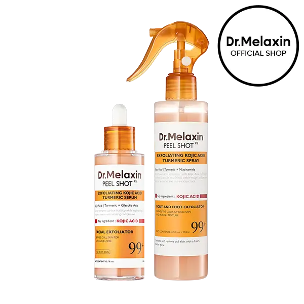[Dr.Melaxin Official] Peel Shot Kojic Acid Turmeric Duo, 2-Piece | Face Ampoule + Body Spray | Exfoliating Serum & Spray for Dark Spots, Rough Bumpy Skin & Uneven Tone | Korean Skincare