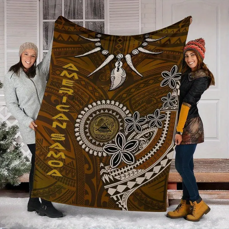 Premium Polynesian Flannel Blanket - American Samoa Boar Ivory Cultural Motif, Soft Texture, Warmth-Retain, Indoor Use, Cozy Home Throw, Boho Decor Gift
