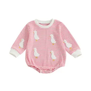 FOCUSNORM Newborn Baby Girl Outfit Goose Embroidery Stripe Long Sleeve Waffle Knit Bubble Romper Bodysuit Fall Winter Clothes