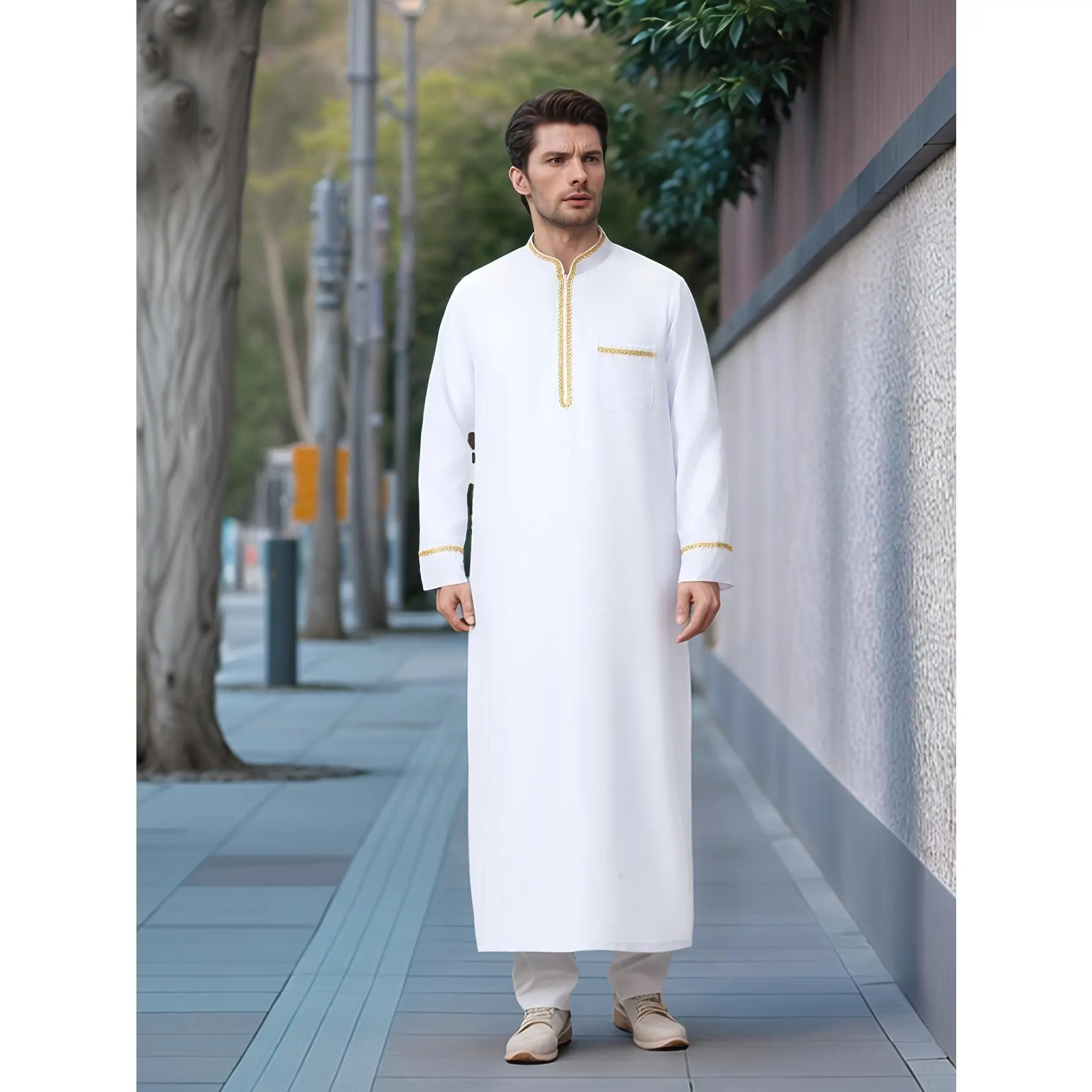 Men's Collared Neck Long Sleeve Loose Fit Polyester Kaftan Robe - Plain White with Golden Trim, Multi-Size Arabian Style Casual Sleepwear/Loungewear, Ideal for Ramadan, Cultural Celebrations, XXL, Year-Round Wear