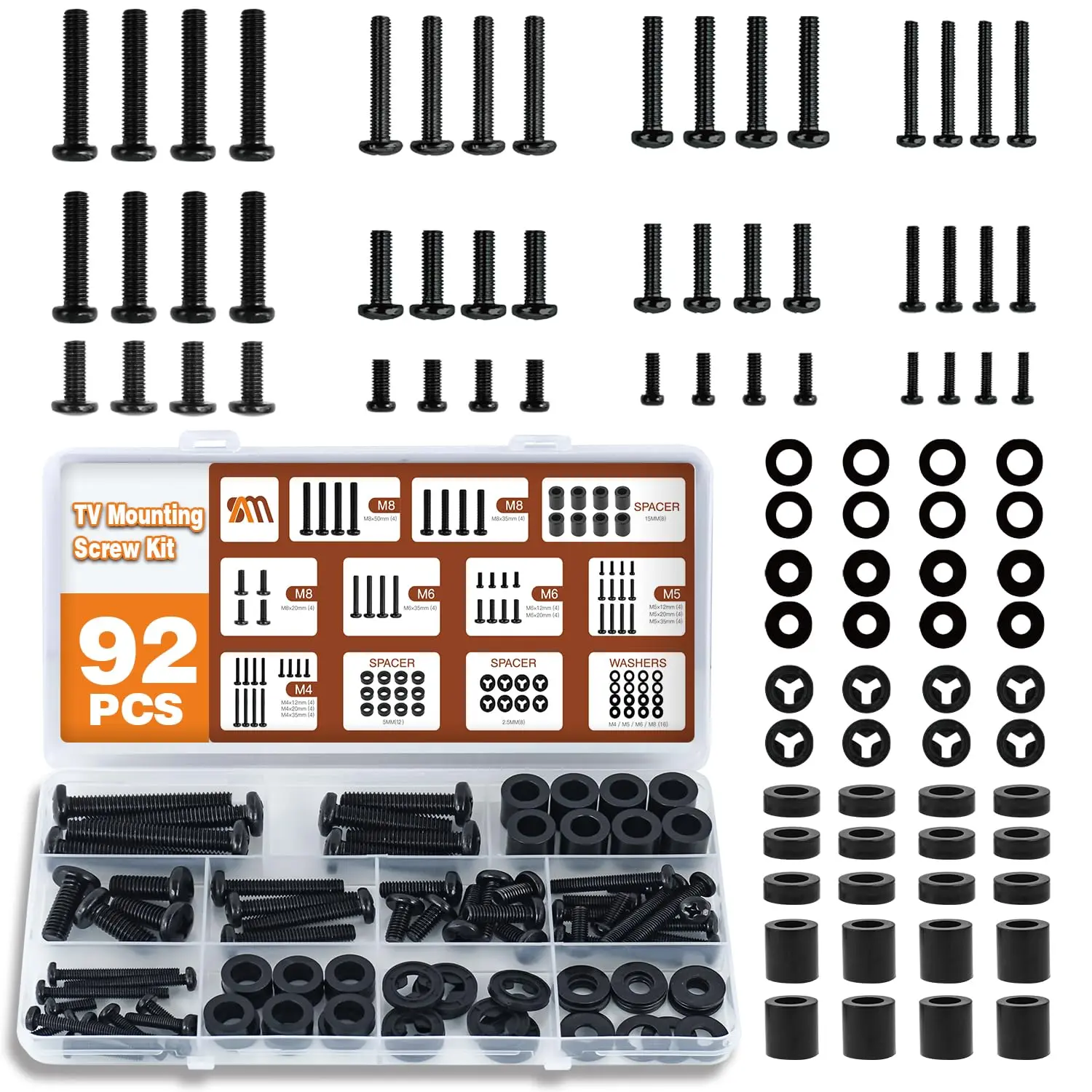 92 count Universal TV Mounting Hardware Screw Kit Set - M4 M5 M6 M8 Screws, Spacers and Whers for  TV/ VESA Mount, TV Mount Replacement Screws with Box up to 80", Black