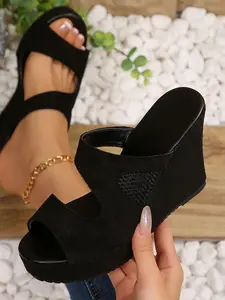 Velvet Hollow Out Wedge Sandals, Ultra High Thick Sole Waterproof Platform Flip Flops, Sexy Versatile Casual Women's Shoes