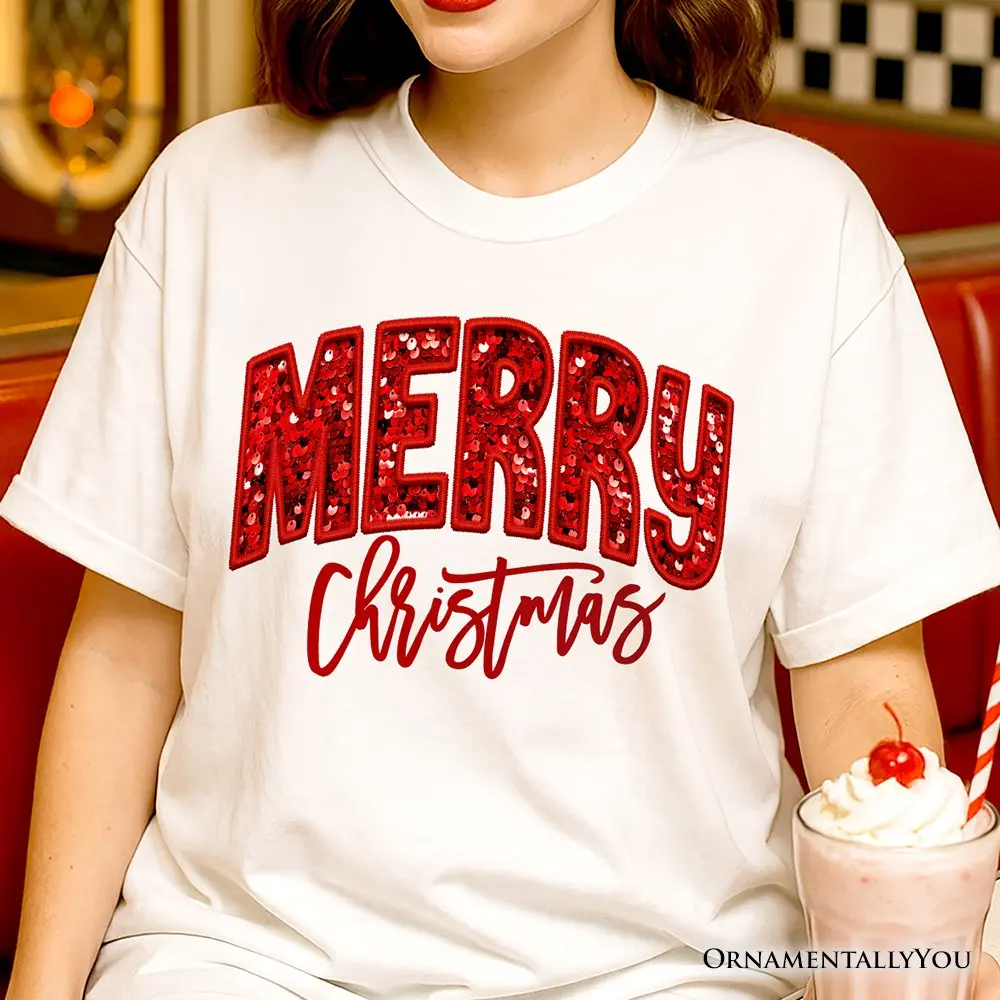 Merry Christmas Sequin T‑Shirt, Bold Red Glitter-Look Tee for Festive Holiday Season