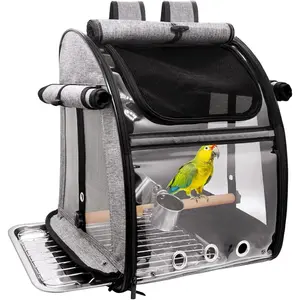 Portable Transparent Bird Travel Carrier Backpack with Perch, Stainless Steel Plate, Mesh and Feeder Cups for Small Birds Parakeet Parrot