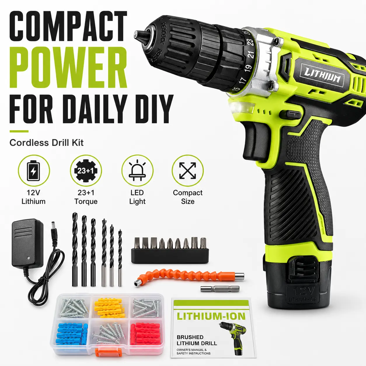 12V Cordless Drill Driver Kit with Rechargeable Battery, 23+1 Torque Settings, LED Work Light, Drill Bits, Driver Bits and Flexible Shaft for Home DIY, Furniture Assembly and Repair