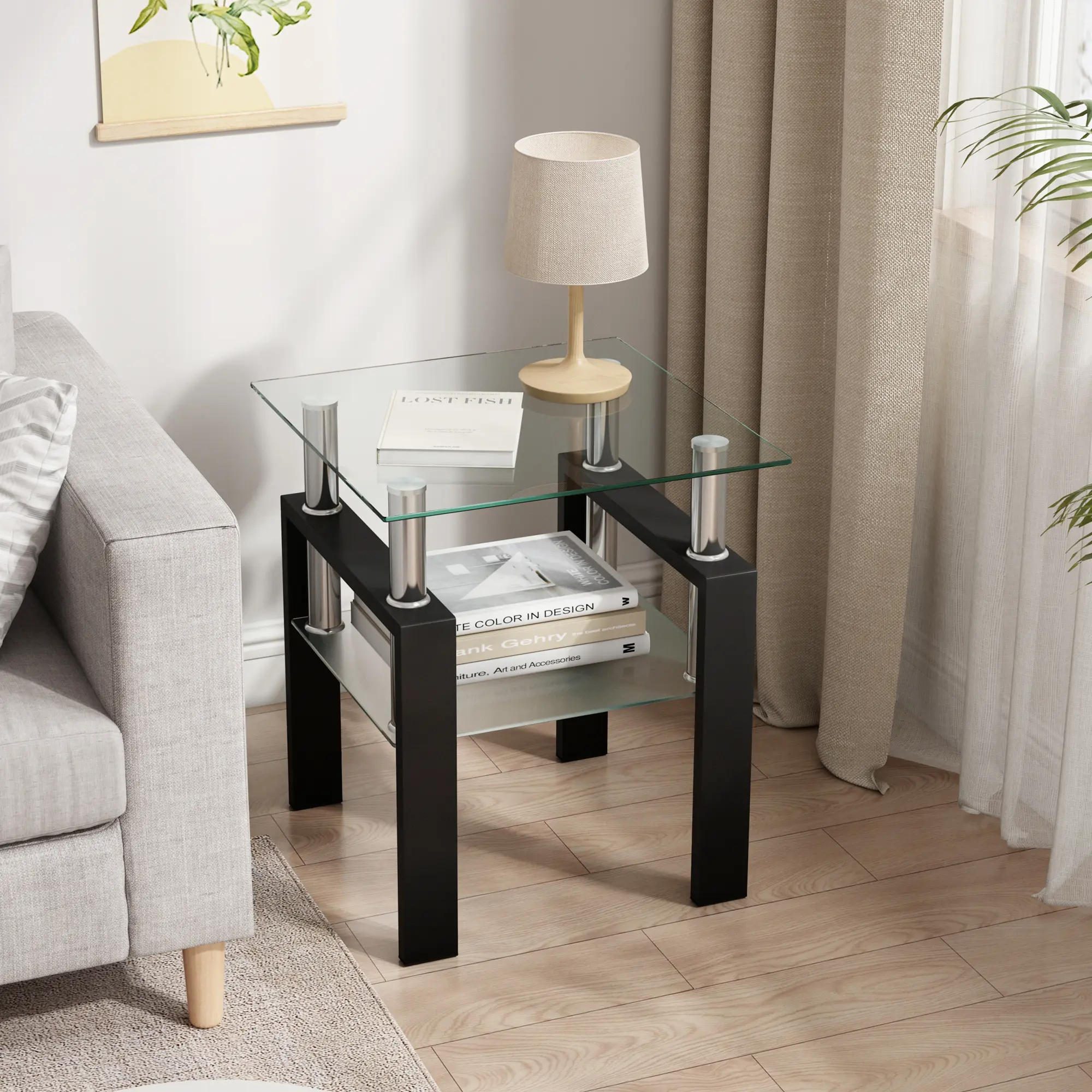 2-Tier Tempered Glass End Table, Modern Square Side Table with Frosted Shelf, Easy Assembly for Living Room