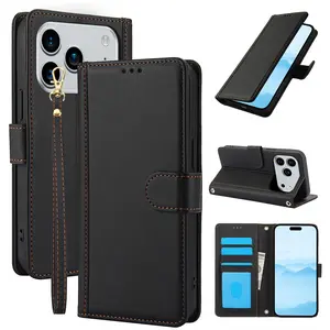 Anti-Drop Wallet Phone Case, PU Leather Cover for iPhone 17/16e/15/14/13 Pro Max Plus, Magnetic Flip Cover with Card Slot, Short Lanyard Included
