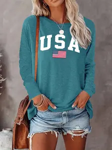USA Letter Printed Women's printed T-shirt  Casual Lightweight Round Neck Graphic Daily Commuter long-sleeve T-shirt，TikTok Trending T-shirt Women ，Outfit Murah T-shirt Wanit,Comfortable Fabric Tops