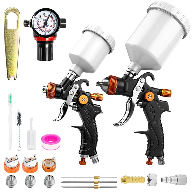 HVLP Air Paint Spray Gun Sets, 2-Spray Paint Gun, 1.0mm 125ml & 1.4/1.7mm 600ml Auto Sprayer Gun with Air Regulator, Professional-Grade Automotive Spray Gun for Car Paint work