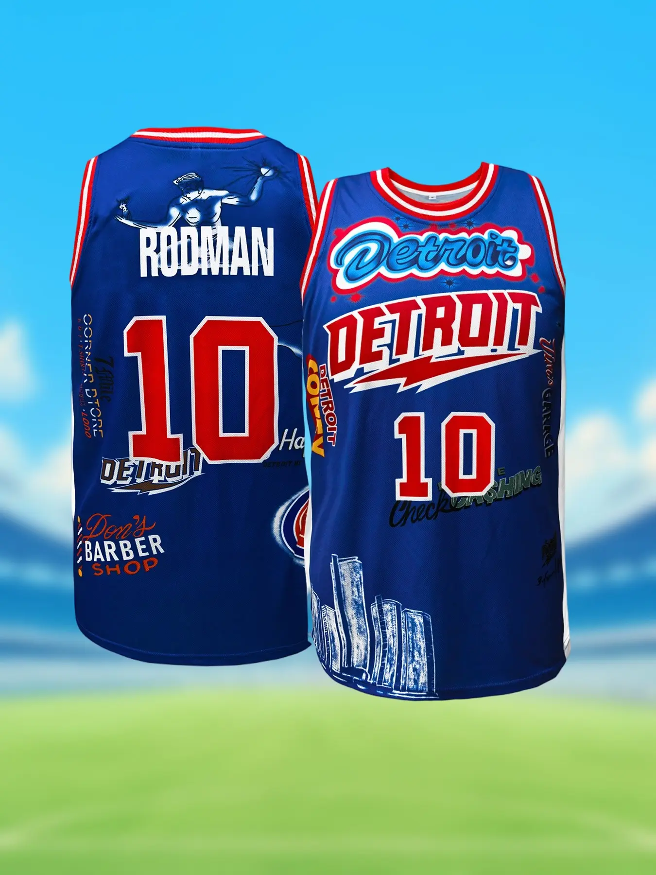 Detroit #10 Printed Basketball Jersey,Blue Graffiti City Graphic Sleeveless Breathable Athletic Top, Sports Top, Unisex Streetwear Uniform for Fans,Game Day & Casual Wear, Basketball Clothing