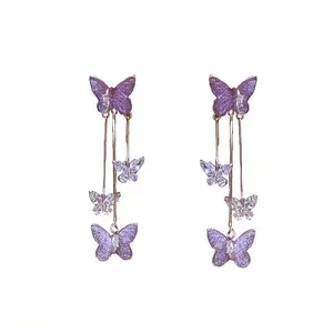 Exquisite Purple Butterfly Shiny Rhinestone Dangle Earrings Elegant Style Delicate Holiday Ear Ornaments