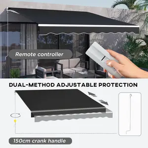 12x10ft black electric retractable sun shade awning dual remote and crank control 270gsm pu coated fabric adjustable arm height for deck exterior door and window outdoor shading protection