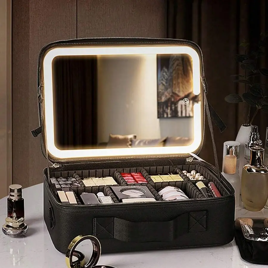 600mAh Travel Makeup Bag with Mirror, Large Capacity Cosmetic Storage Box, Beauty Organizer, Portable Makeup Organizer Case, Makeup Pouch, Makeup Brush Holder, Makeup Brushes Compartment, For Lipstick, Skincare, Mobile Phone