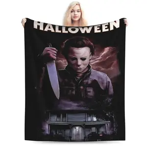 Halloween plush blanket designed by Michael Myers - a soft flannel horror movie blanket suitable for all seasons, the perfect gift for Halloween, Christmas, or birthdays, a warm and cozy nap blanket, a gift for horror fans | Strange design | Warm flannel