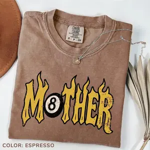 Comfort Colors Mother Tee 8 Ball Mama Shirt, Vintage Flames Graphic T-Shirt, Trendy Lucky Mom Tee, Grunge Streetwear Aesthetic, Birthday Gift for Mom
